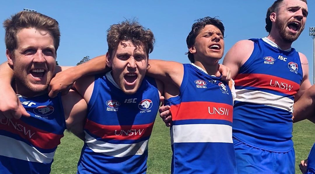 The UNSW-ES Bulldogs celebrate their preliminary final win last weekend. 