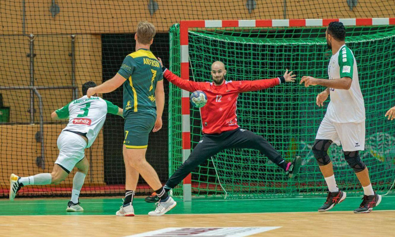 Alex Lynch in goals at the 2022 Men's Handball Asian Championships, Credit - Chris Seen Photography.