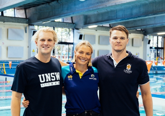 Eight UNSW students, including water polo players (L-R) Tim Putt, Amy Ridge and Nathan Power, prior to Tokyo Olympics.