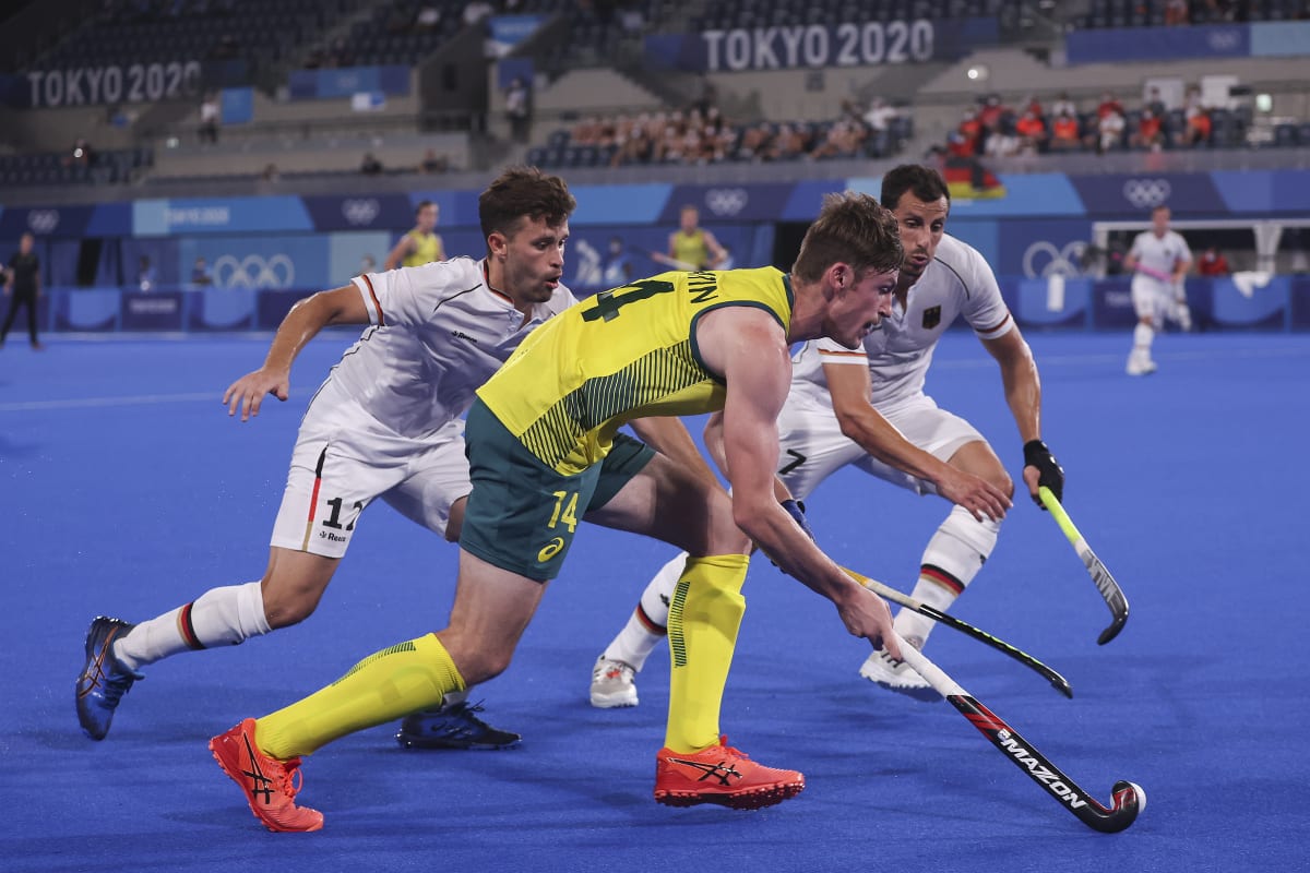 Dylan Martin playing for the Kookaburras in Tokyo