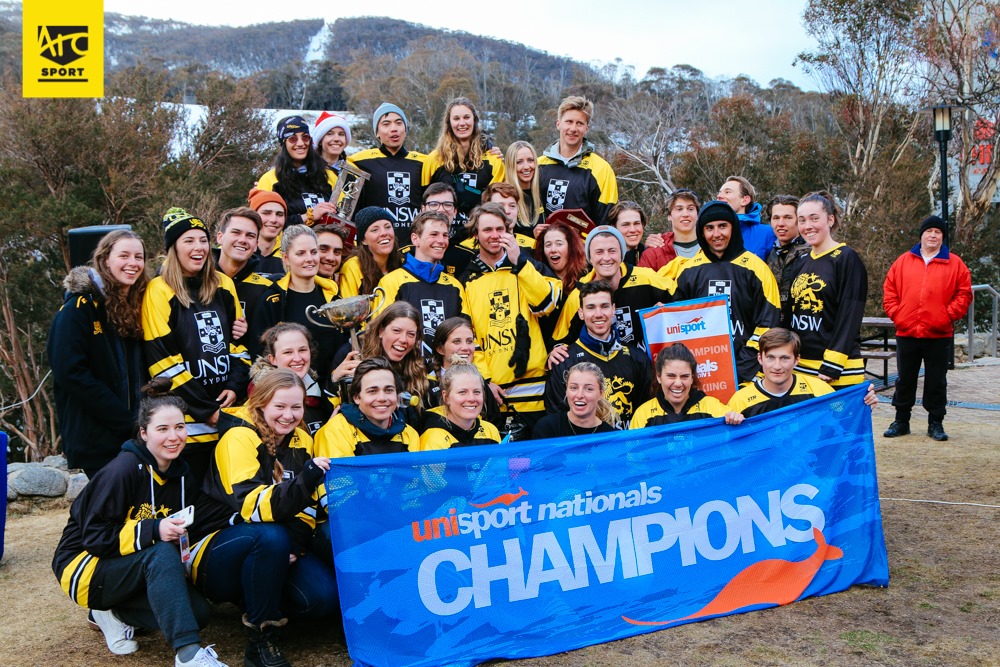 The UNSW Snow Sports team celebrates their fourth consecutive UniSport Snow Nationals Title