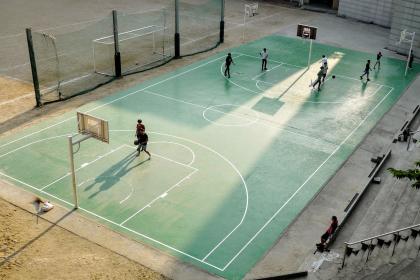 Basketball court in sunlight